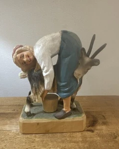 Vintage Henning Milk Maid Hand Carved Painted Wood Girl Milking Goat 5.5” Norway - Picture 1 of 10
