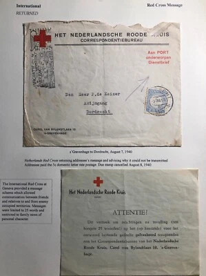 1940 La Haya Países Bajos censurada Cruz Roja cubierta a Dordrecht franqueo debido Foto 1 de 4