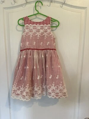 Laura Ashley London Girl's Sleeveless red checkered & lace Dress Girls Size 4 - Image 1 of 4