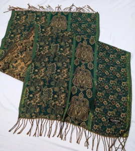 Pashmina Shawl Scarf Wrap Luxury Emerald Green Gold Fringe Floral 27 in x 65 in - Picture 1 of 14