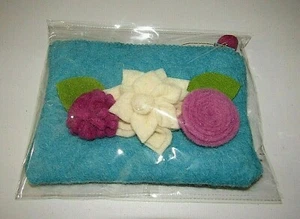 AVELINE TURQUOISE 3D FLORAL APPLIQUE FELT FLOWERS ZIPPERED FABRIC POUCH BAG - Picture 1 of 5