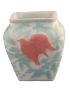 Antique Phoenix Consolidated Art Glass Teal White Red Love Birds Vase 1930s - Picture 1 of 9