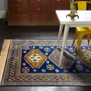 ANKARA AZTEC PERSIAN BLUE THIN ART-SILK FLOOR RUG RUNNER 68x230cm *FREE DELIVERY - Picture 1 of 3