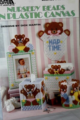 Nursery Bears in Plastic Canvas Leaflet 1495 Nap Time, Tissue Box Diaper Box NOS - Image 1 of 2