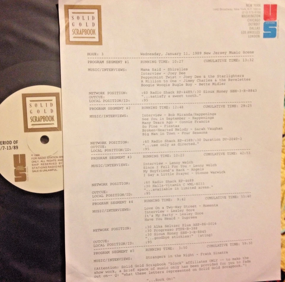 RADIO SHOW:NEW JERSEY 1/11/89 4 SEASONS, JOEY DEE,DUPREES, CONNIE FRANCIS,ANGELS - Image 1 of 1