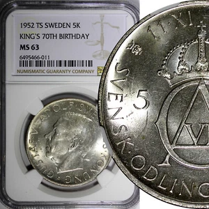 SWEDEN Silver 1952 ST 5 Kronor NGC MS63 70th Birthday Gustaf VI Adolf KM# 828(1) - Picture 1 of 4