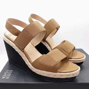 Eileen Fisher Maxi Brown Chestnut Leather Wedge Heel Espadrille Sandals Size 8.5 - Picture 1 of 12