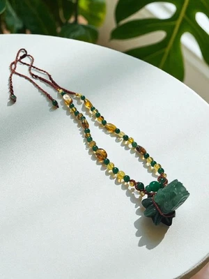 Green Aventurine Ambar Quetzalcoatl Adjustable Macrame Necklace - Image 1 of 4