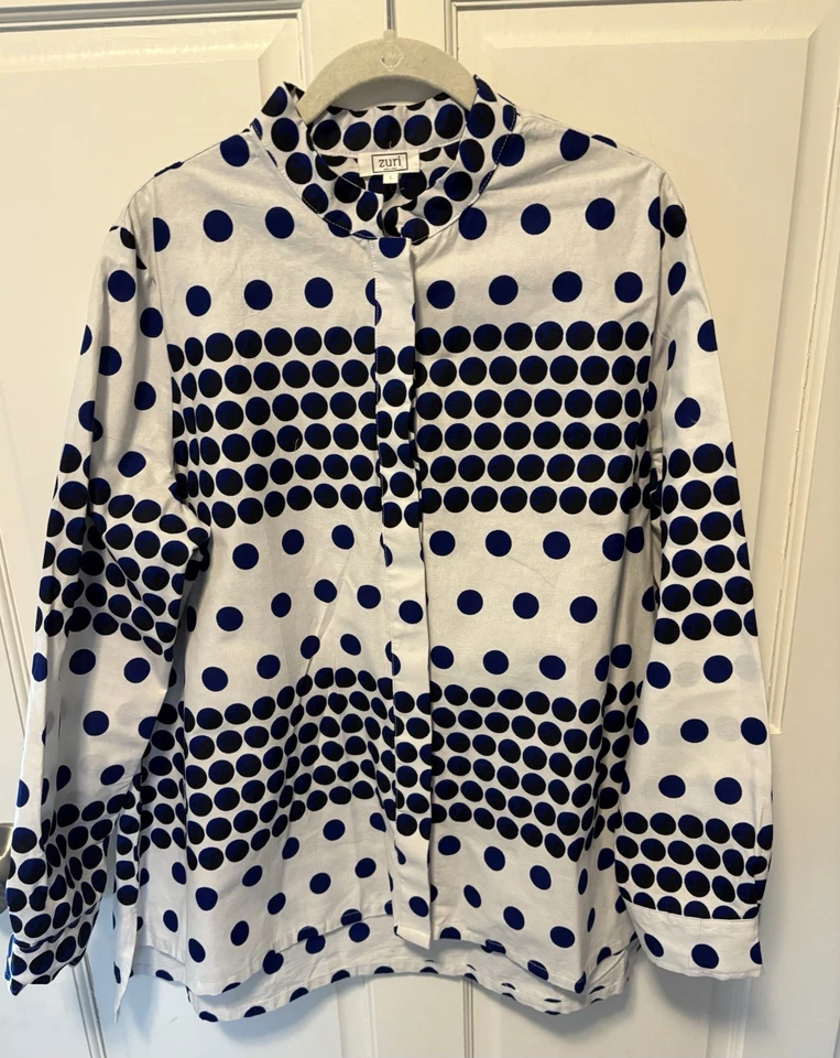 Camisa Zuri Kenia Tejida Algodón Blanco Azul Marino Lunares Top Con Botones Mujer L Grande Foto 1 de 4