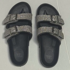 Sandalias Time & Tru plateadas y negras con estrás de doble correa - talla 7 - Imagen 1 de 4