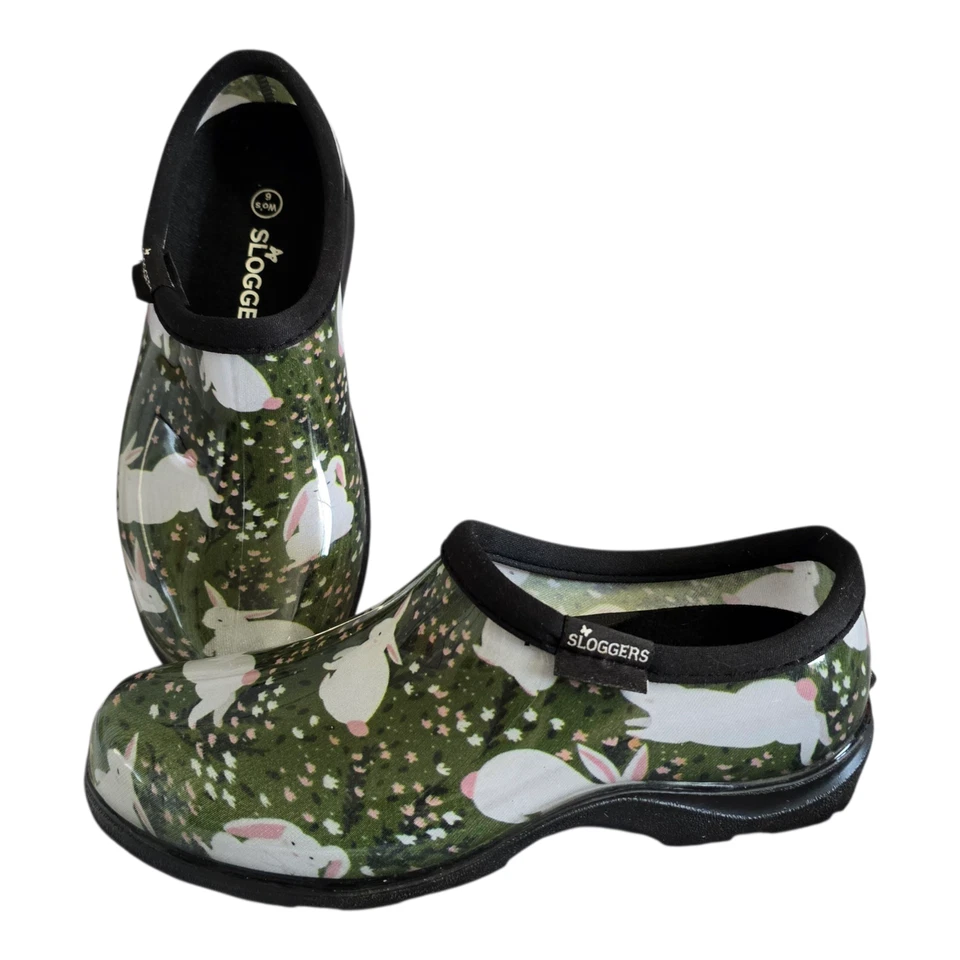 Sloggers Waterproof Slip On Garden Shoes Made in USA Green w/ Rabbits Wm Size 6 - Image 1 of 4