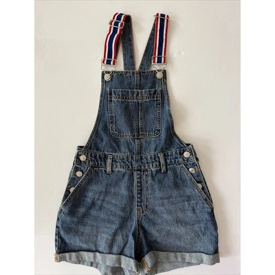 Forever 21 Pantalones Cortos Denim Overall con Dobladillo Enrollado Talla XS Tirantes Baberos Rojo Azul Foto 1 de 4