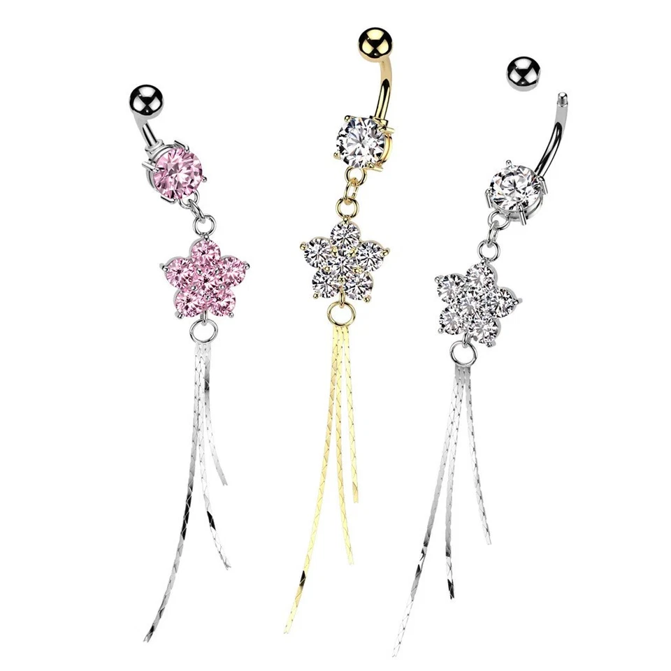 Piercing Ombelico Fiore 6 Gemme E Catenine - Immagine 1 di 1