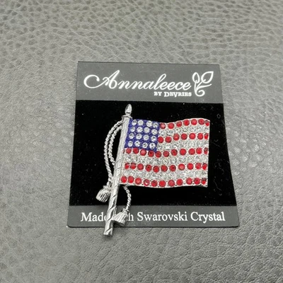 Annaleece by DeVries American Flag Brooch Swarovski Crystal Silver Tone Pin - Image 1 of 4