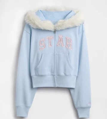Sudadera con capucha azul con cremallera corta ribete de piel vegana talla pequeña GAP Sandy Liang STAR, pedrería Foto 1 de 2