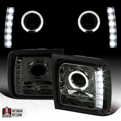 Fit 1997-2001 Jeep Cherokee Halo Projector Headlights LED Strip Head Lamps Smoke - Image 1 of 4