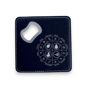 Coaster W/ BOTTLE OPENER - Zodiac Elements - SET OF 2 LEATHER - Picture 1 of 1