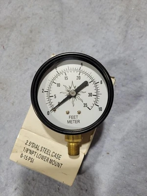 0-15 PSI Gauge that reads in Feet and Meters, Steel Case 2 1/2 in Dial 1/8" NPT - Image 1 of 2