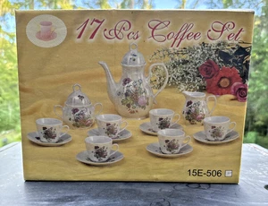 Cute Vintage 17-Piece Porcelain Floral Coffee Set – Complete in Original Box - Picture 1 of 4