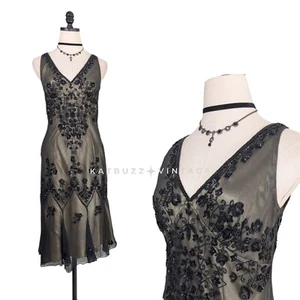 Vtg Scala Prom Dress Maxi M Black Tan Y2K Fairy Silk Whimsigoth Flapper Bead - Picture 1 of 13