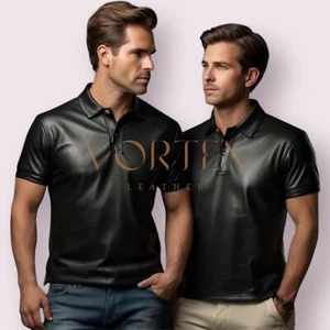 Men's Black Leather Causal Shirt Genuine Lambskin Leather Shirt Slim Fit Shirt - Picture 1 of 2