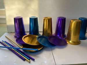 Set of 6 Retro Colored Aluminum Tumblers with Matching Straws and Coasters