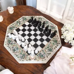 Tablero de ajedrez de mármol blanco de 16" con incrustaciones de marquetería floral piezas de arte y ajedrez decoración del hogar - Imagen 1 de 8