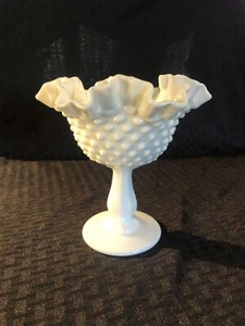 Fenton Pedestal Candy Dish Compote White Hobnail Milk Glass Ruffled Edge Vintage - Picture 1 of 5