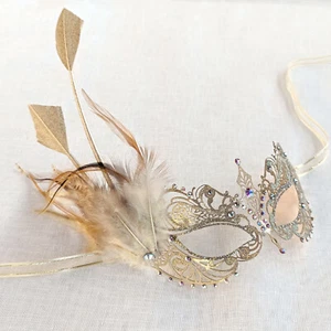 Champagne Metal Masquerade Mask w/ Feathers & Crystals Handmade Wedding Masque - Picture 1 of 10