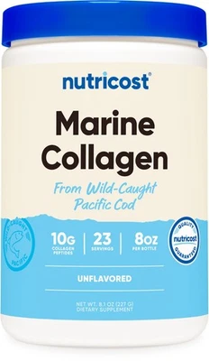 Colágeno marino en polvo Nutricost pescado silvestre capturado (sin sabor) (8 oz) (28 porciones) Foto 1 de 4