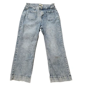 Pantalones de mezclilla desgastados recortados de tiro alto de pierna ancha media Luvamia para mujer - Imagen 1 de 11