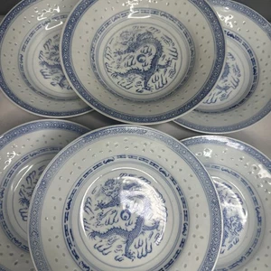 6er Set Vintage 9" blau & weiß Reiskorn Porzellan Suppenschalen Drachenmuster - Bild 1 von 8