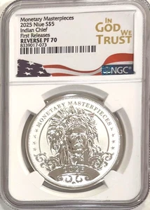 2025 NUOVO $5 CAPO INDIANO 1 oz argento NGC rovescio PF70 FR "IN GOD WE TRUST" - Foto 1 di 7