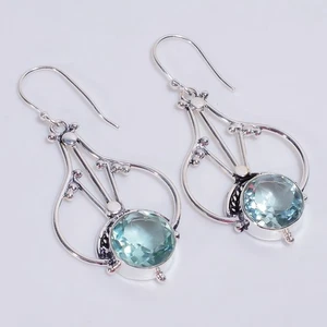 Green Amethyst Gemstone Vintage Handmade 925 Sterling Silver Earrings 2.2" o388 - Picture 1 of 6