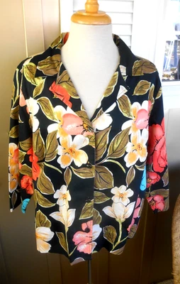 Jaqueta FRENCH LAUNDRY tamanho 1X preta floral algodão manga 3/4 botão para cima sem forro - Imagem 1 de 3