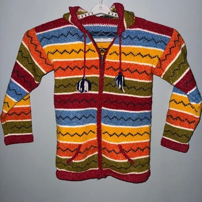 Striped Handmade Knit Jacket XL Wool Blend Hood Colorful Aztec Womens Zip - Image 1 of 4