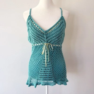 Vintage Crochet Babydoll Silk Tank Top Medium Y2K Fairy Boho Beach Festival - Image 1 of 4