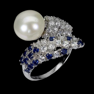 Anillo de plata de ley 925 perla redonda 10 mm joyería natural talla 8 Foto 1 de 4