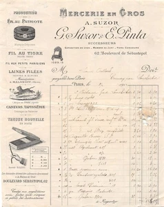 1841 1912 FACTURE MERCERIE EN GROS G.SUZOR & E.PINTAA PARIS - M.ORILLARD A C - Picture 1 of 1