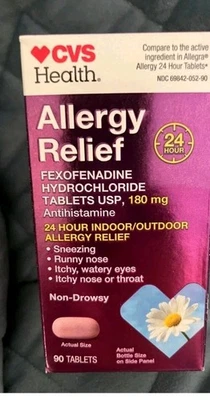 CVS ALIVIO ALERGIAS 90 COMPRIMIDOS FEXOFENADINA 180 MG SIN SOMNOLENCIA - NUEVO Sin Caja 10/26 Foto 1 de 2