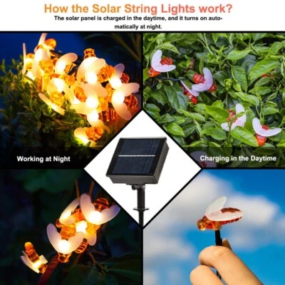 Solar Powered Bee String Lights LED Outdoor Yard Garden Party Xmas Wedding Decor - Image 1 of 4