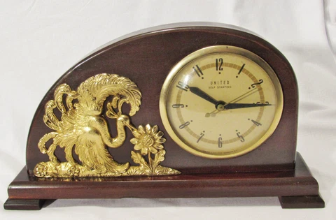 Vtg United Self Starting Walnut Mantel Clock Art Deco Brass Peacock RARE, 110 V Cover