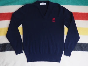 VTG 70s Pringle Scotland Wool Navy Blue V-Neck Logo Pullover Sweater Mens M - Picture 1 of 5
