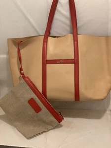HOGAN LEATHER TOTE BAG HANDBAG ITALY WITH MAKE UP BAG BEIGE COLOR /RED EX - Picture 1 of 7