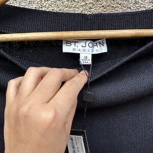 St. John Basics Mid-Length Midi Skirt in Black Santana Knit sz 12 w/ Back Vent
