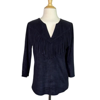 Top túnica vaquera EXPRESS mujer pequeña negra imitación gamuza cuello en V occidental manga 3/4 Foto 1 de 4