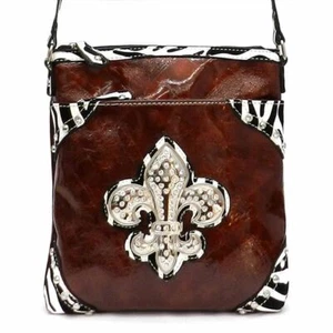 Brown Fleur De Lis zebra print crossbody Messenger Bag pockets Designer Inspired - Picture 1 of 3