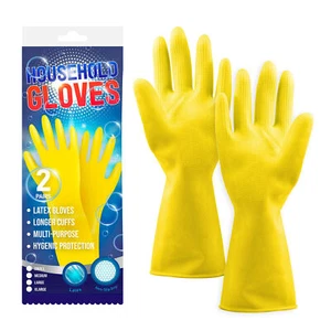 12 PAIR LATEX GLOVES HOUSEHOLD LONG SLEEVE WASHING UP KITCHEN CLEANING MARIGOLDS - Picture 1 of 7