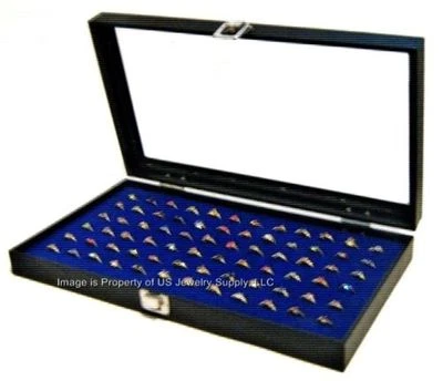 Glass Top Lid Blue 72 Ring Display Organizer Storage Boxes Case - Image 1 of 3