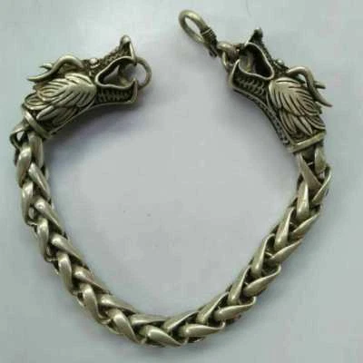 Китай старый национальный стиль Тибет серебро резьба пара дракон голова цепочка браслет - Изображение 1 из 4